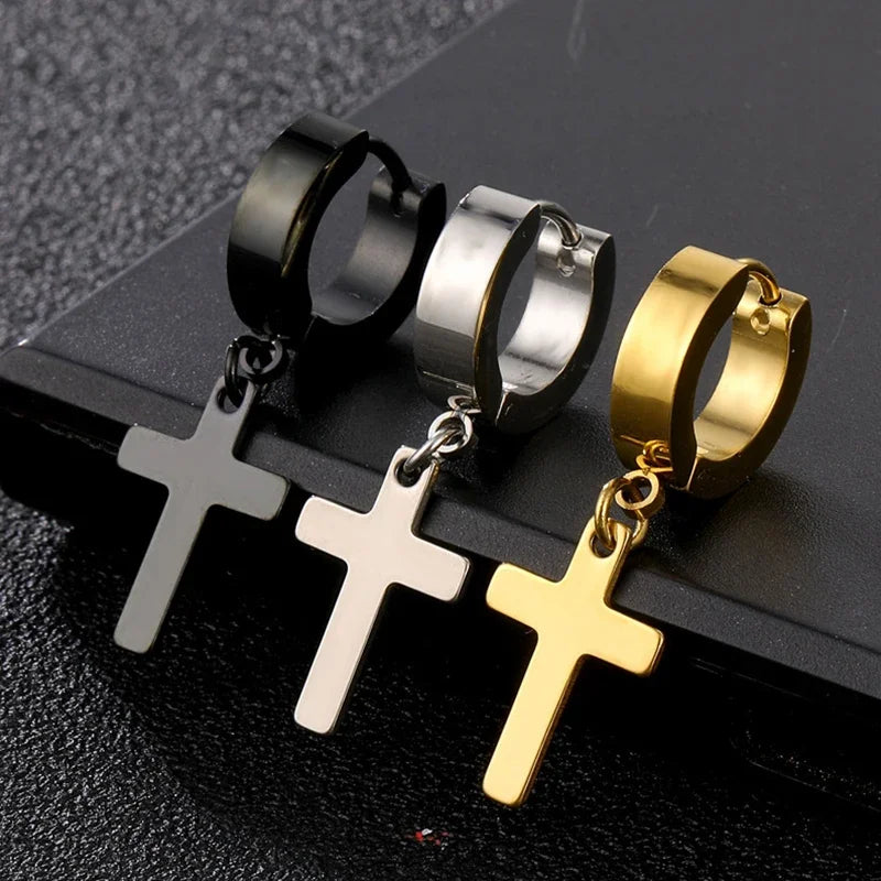 2pc Stainless Steel Men Cross Stars Punk Dangle Earrings Gothic Woman Cross Ear Hoop Earrings Huggies Pendant Piercing Jewelry - Clikcy