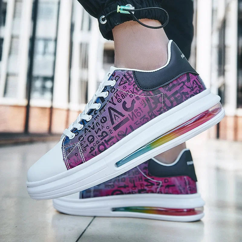 Graffiti 2025 New Casual Men Shoe Fashion Flat Air Cushion Man Sneakers Outdoor Non-slip Designer Tide Pu Leather Big Size 43 44 - Clikcy