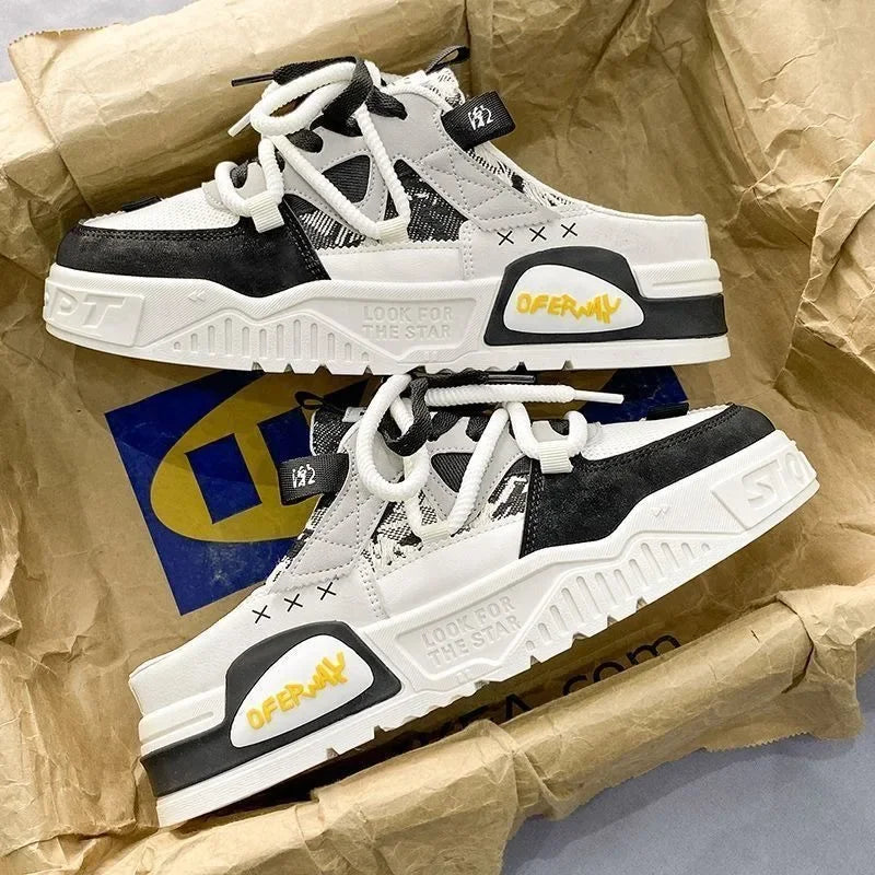 2025Summer Fashion Designer Men Half Slipper Breathable Casual Platform Shoes Lightweight Sneakers Outdoor Walking Flats Loafers