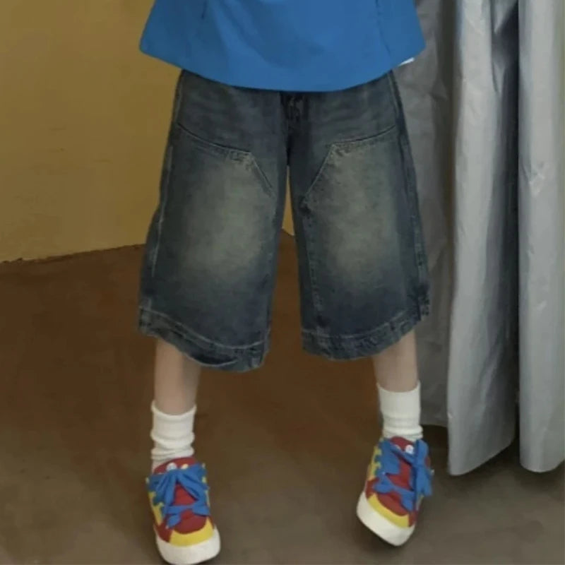 Y2K Vintage Baggy Jean Shorts Womens Washed Wide Leg Capri Pants Casual Barrel Jeans Denim Shorts Mens Oversized Jorts - Clikcy