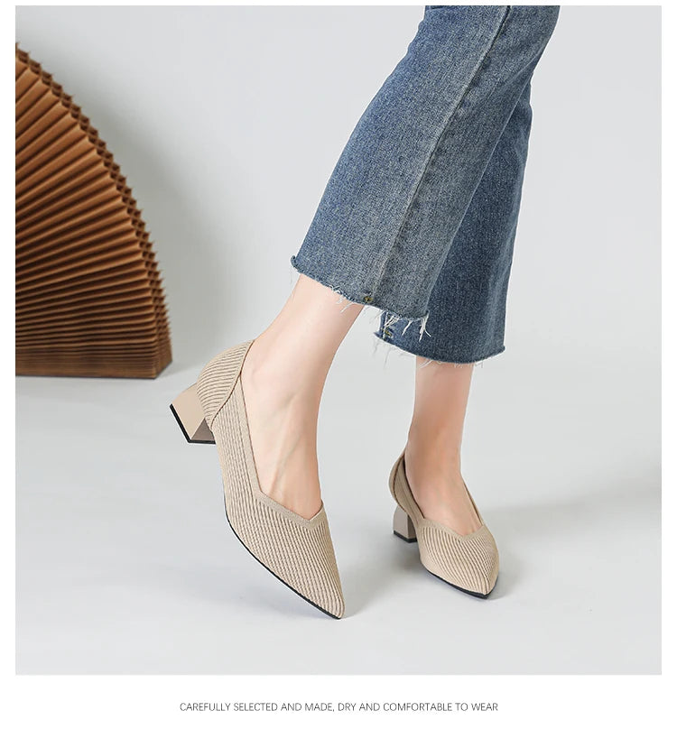 Women's large high-heeled shoes Multicolor pointy knit breathable comfortable anti-skid rubber sole work shoes 2023 new autumn - Clikcy