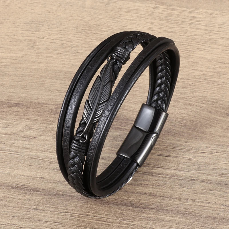 Multilayer Feather Leather Wrap Bracelet Men Classic High Quality Jewelry Gift Male Business Bracelet with Metal Magnetic Clasp - Clikcy
