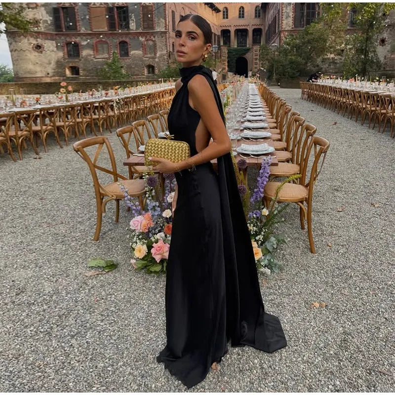 Sexy Satin Ribbon Party Dress Women Elegant Halter Backless Off Shoulder Sleeveless Female Dresses 2024 Summer Solid Robe Gown