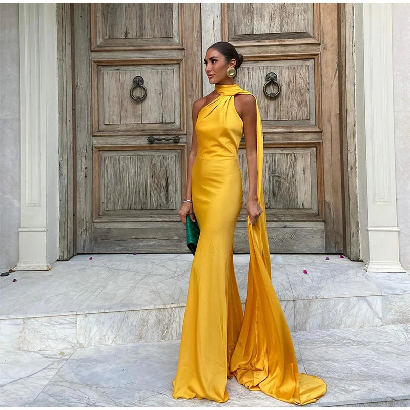 Sexy Satin Ribbon Party Dress Women Elegant Halter Backless Off Shoulder Sleeveless Female Dresses 2024 Summer Solid Robe Gown