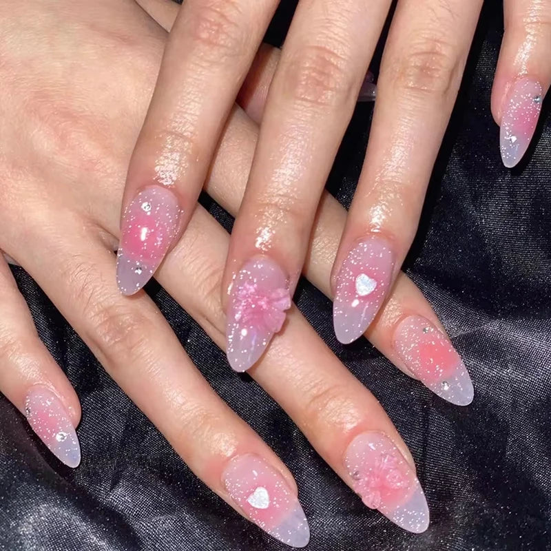 24Pcs Pink Cloud Sweet Star Moon Acrylic Nails Press on Almond Wearable Full Cover False Nails Art Tips Fingernail Beauty - Clikcy