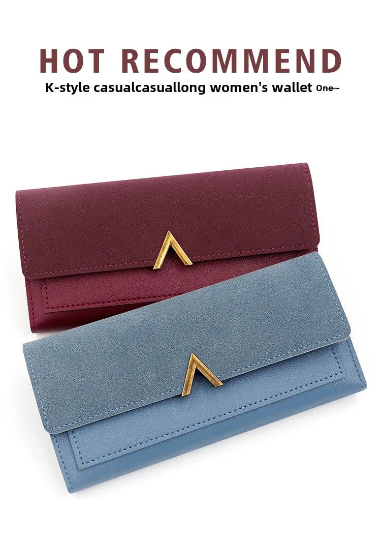 New Korean version women's wallet long V-shaped buckle three fold wallet for women, hand-held bag, change card bag - Clikcy