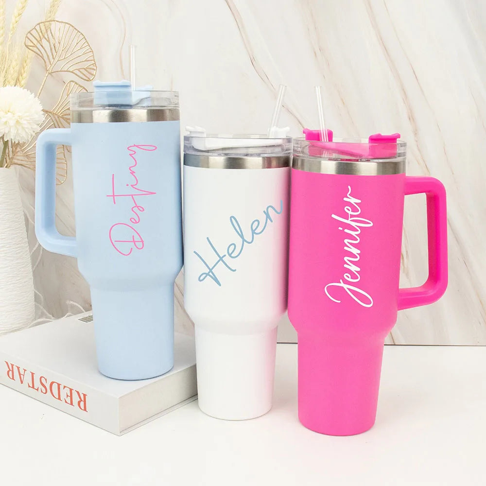 40oz Large Personalized Name Stanley Style Double Wall Insulated Cup Travel Bottle Rubber Hot Cold Mug With Straw - Clikcy