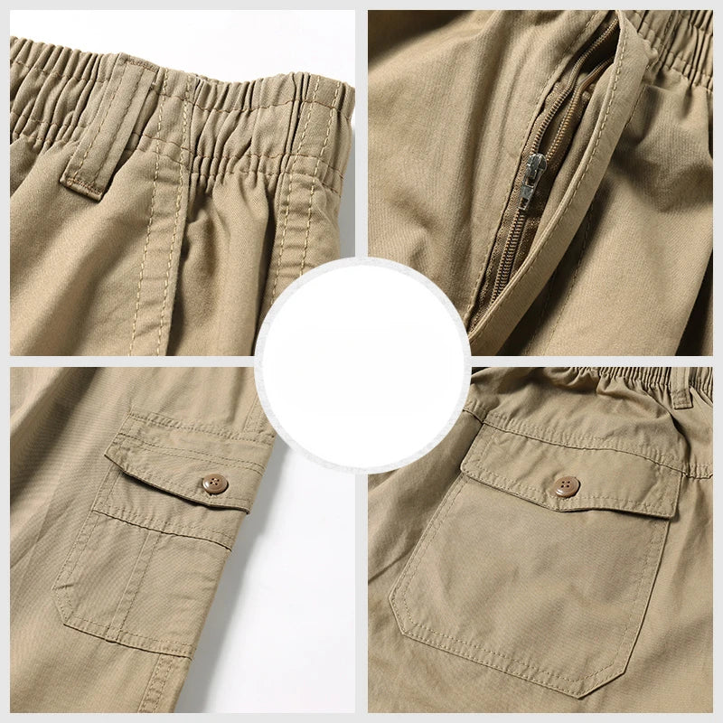 100% Cotton Men's Cargo Pants Straight Fit Loose Work Trouser Male Spring Summer High Waist Big Size Large Plus Elastic Pocket - Clikcy