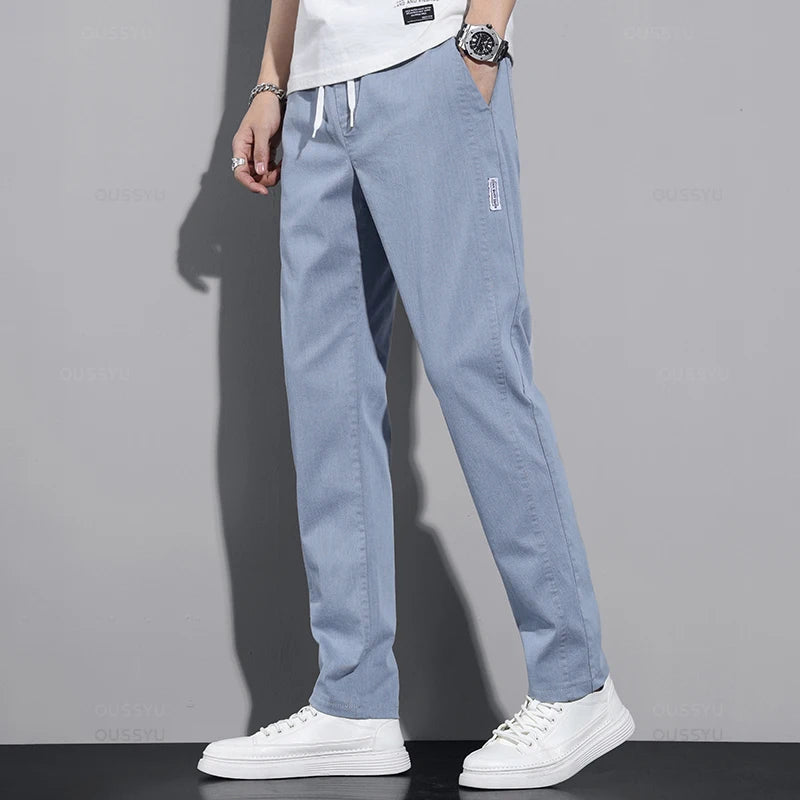 New Spring Summer Cotton Men's Casual Pants Classic Drawstring Elastic Waist Thin Stretch Blue Jogging Work Cargo Trousers Male - Clikcy