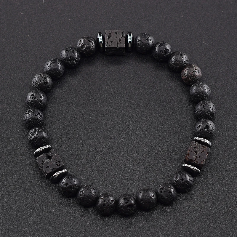 New Fashion Natural Stone Bracelet Men 8mm Onyx Lava Obsidian Strand Braclet Healing Beaded Bracelet Leisure Pulsera Accessories - Clikcy