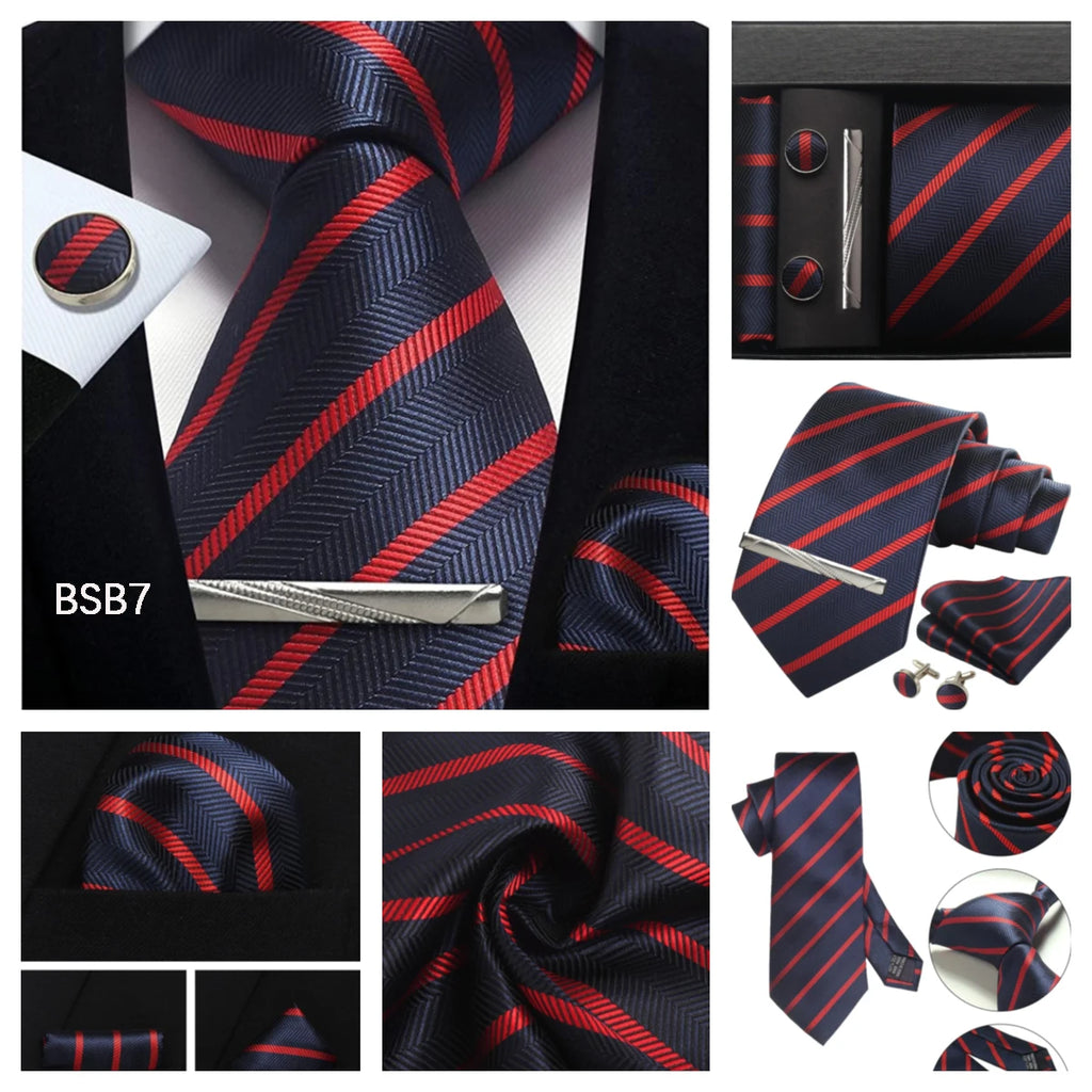 Classic 100% Silk Men's Ties In Gift box 8cm Plaid Dot Striped Business Necktie Handkerchief Cufflinks Wedding Party Tie Set