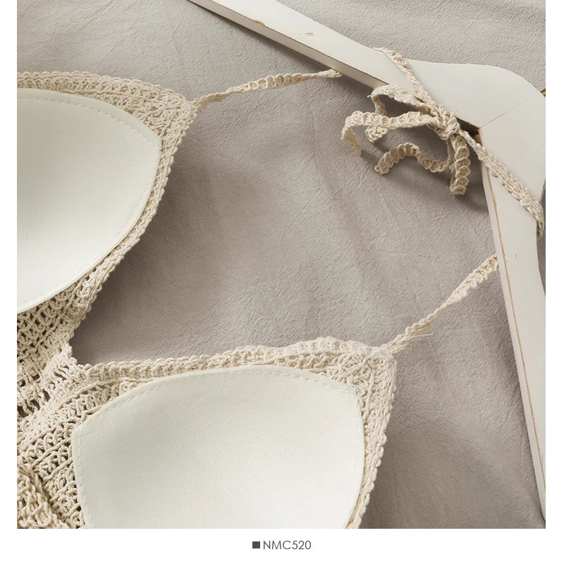 2025 Crop Tops Retro Wild Hollow Perspective Tassel Sexy Spaghetti Strap Tanke Top Women Built In Bra New Back Lace Halter Neck - Clikcy