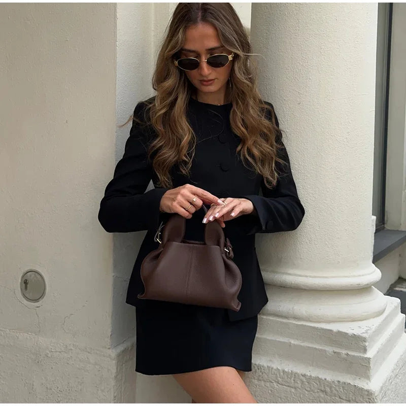 Urban Solid Blazer Skirt Set Women Slim O-neck Single Breasted Jacket Mini A-line Skirt 2025 Spring Elegant Lady Office Outfit - Clikcy