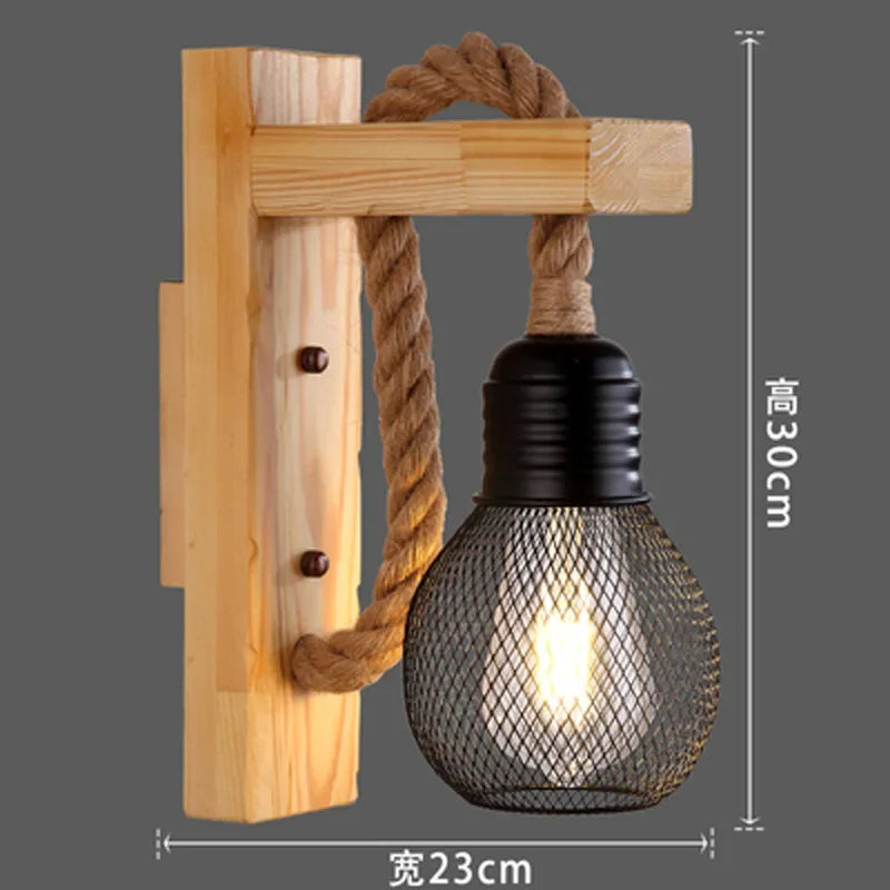 Vintage Hemp Rope Wall Lamp with Plug Wood Wall Lamp E27 Indoor Loft Outdoor Corridor Wall Lights Industrial Sconce Bedside Lamp - Clikcy