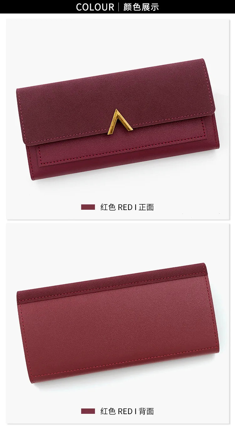 New Korean version women's wallet long V-shaped buckle three fold wallet for women, hand-held bag, change card bag - Clikcy