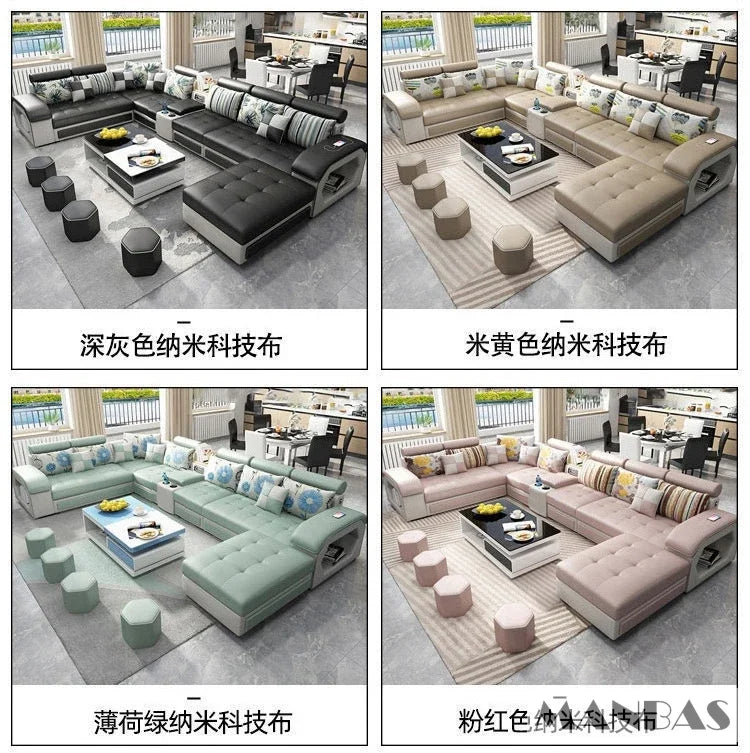 Linlamim Fabric Sofa Set Furniture Living Room Sofa Set with USB and Stools / Big U Shape Cloth Couch Sofas for Home Furniture - Clikcy