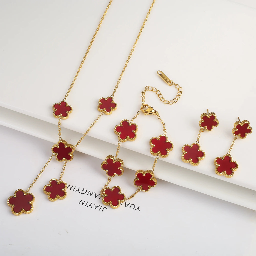 3Pcs 18k Gold-Plated Five-Leaf Flower Necklace Earrings Bracelet Jewelry Set For Woman Fashion Party Jewelry Daily Wear Clover - Clikcy