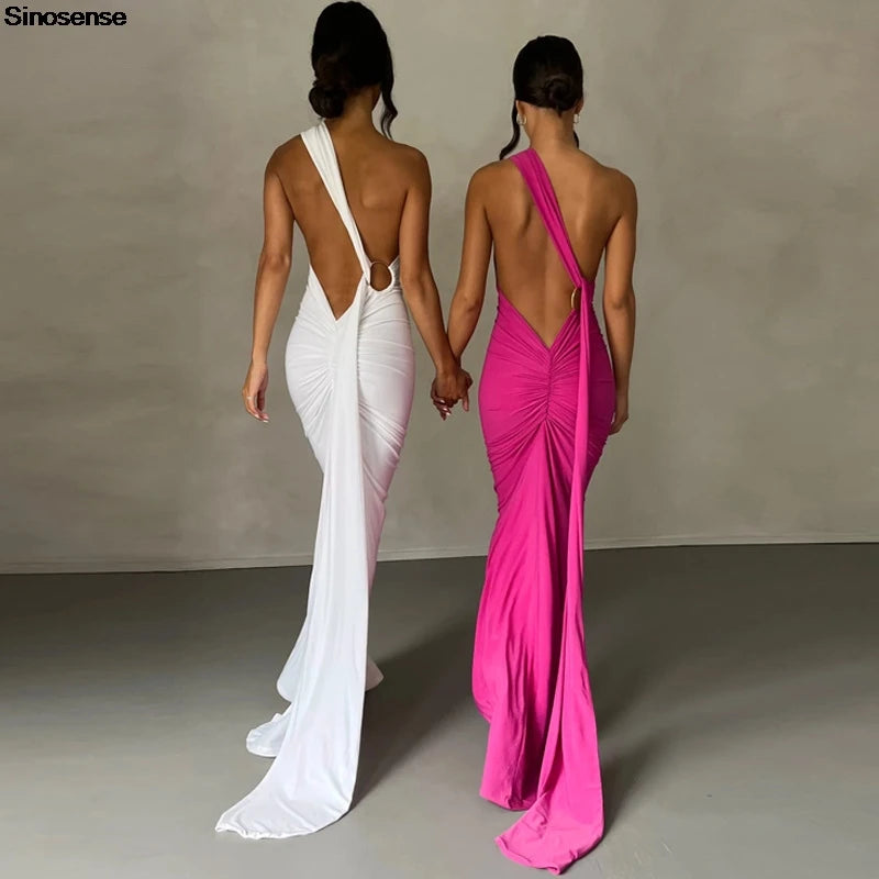 Womens Elegant Evening Party Cocktail Long Dress Sexy Backless Open Back Ruched Slim Bodycon Formal Wedding Guest Maxi Dress - Clikcy