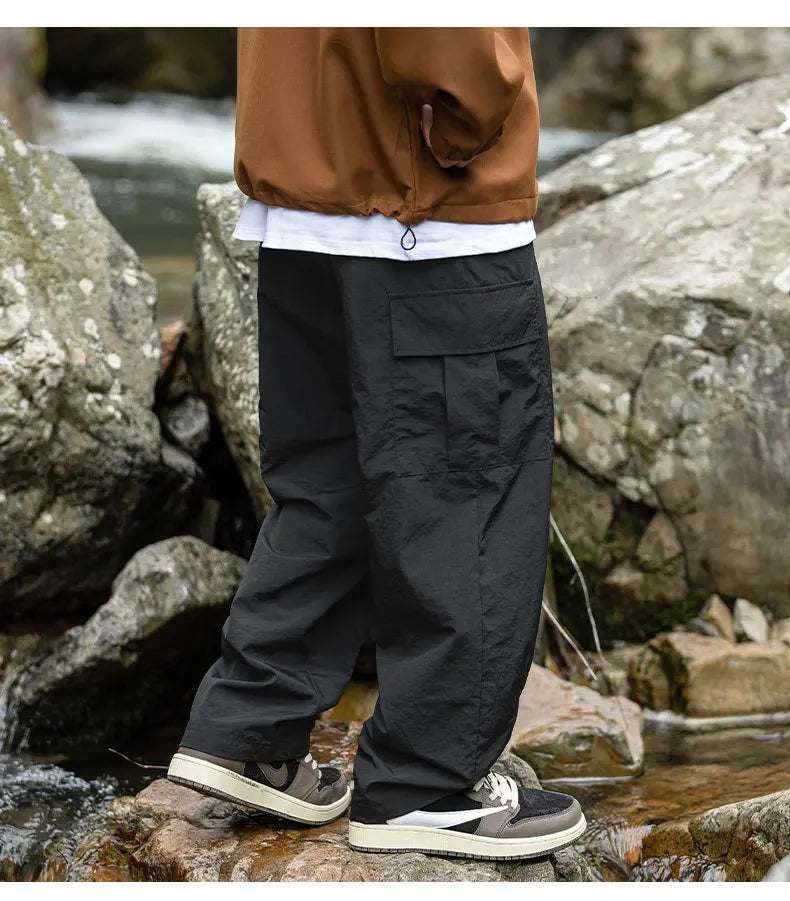 TFETTERS 2025 Autumn Casual Pants Men Waterproof  Thin Mid Waist Solid Color Men Cargo Pants Tourism Outdoors Riding Trousers - Clikcy