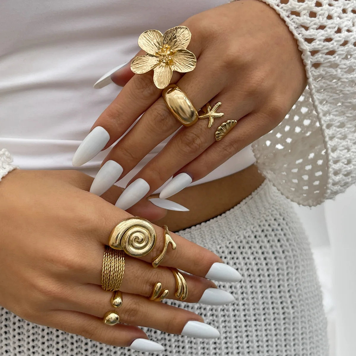 DIEZI One Set Vacation Beach Style Flower Starfish Knuckle Rings For Women Bohemian Vintage Gold Silver Color Open Joint Ring - Clikcy