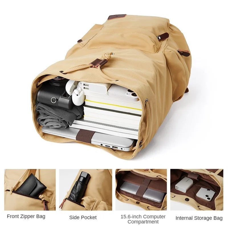 MOYYI Men Vintage Canvas Backpack Large Capacity 15.6inch Laptop Casual Bag For Commuter Travel Premium Durable Unsex Mochila - Clikcy