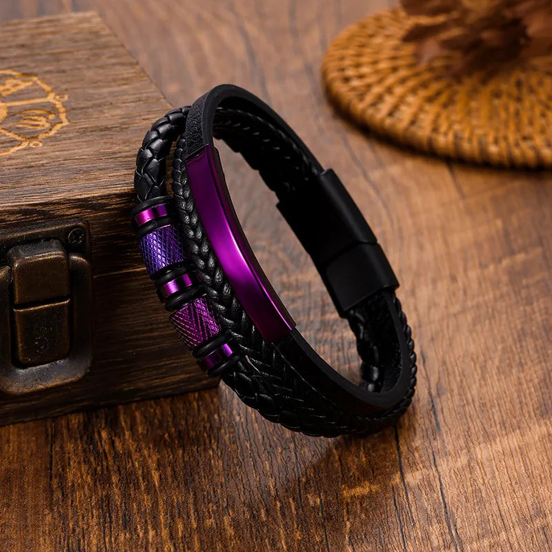 Chunky Leather Bracelets for Men Boys,Multi-layer Bracelets with Stainless Steel Bend Tag,Casual Jewelry Gift to Father Husband - Clikcy