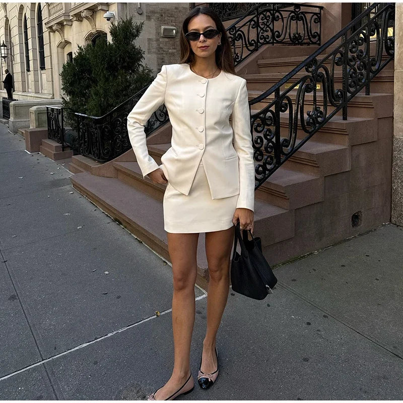 Urban Solid Blazer Skirt Set Women Slim O-neck Single Breasted Jacket Mini A-line Skirt 2025 Spring Elegant Lady Office Outfit - Clikcy