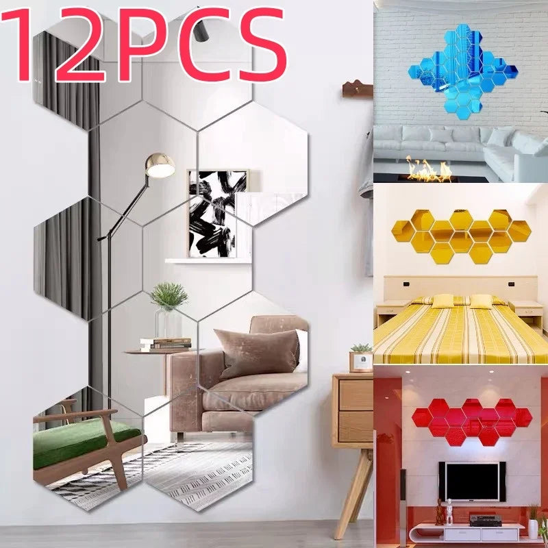 6/12Pcs Hexagon Acrylic Mirror Wall Stickers Home Decor DIY Removable Mirror Sticker Living-Room Decal Art Ornaments For Home - Clikcy
