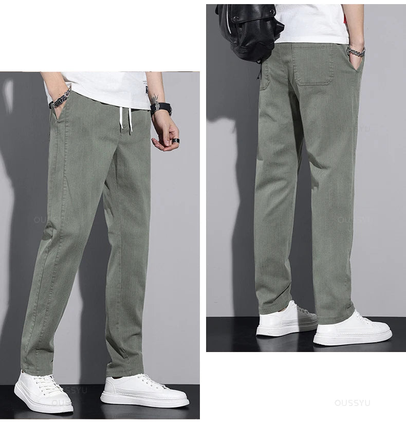 New Spring Summer Cotton Men's Casual Pants Classic Drawstring Elastic Waist Thin Stretch Blue Jogging Work Cargo Trousers Male - Clikcy