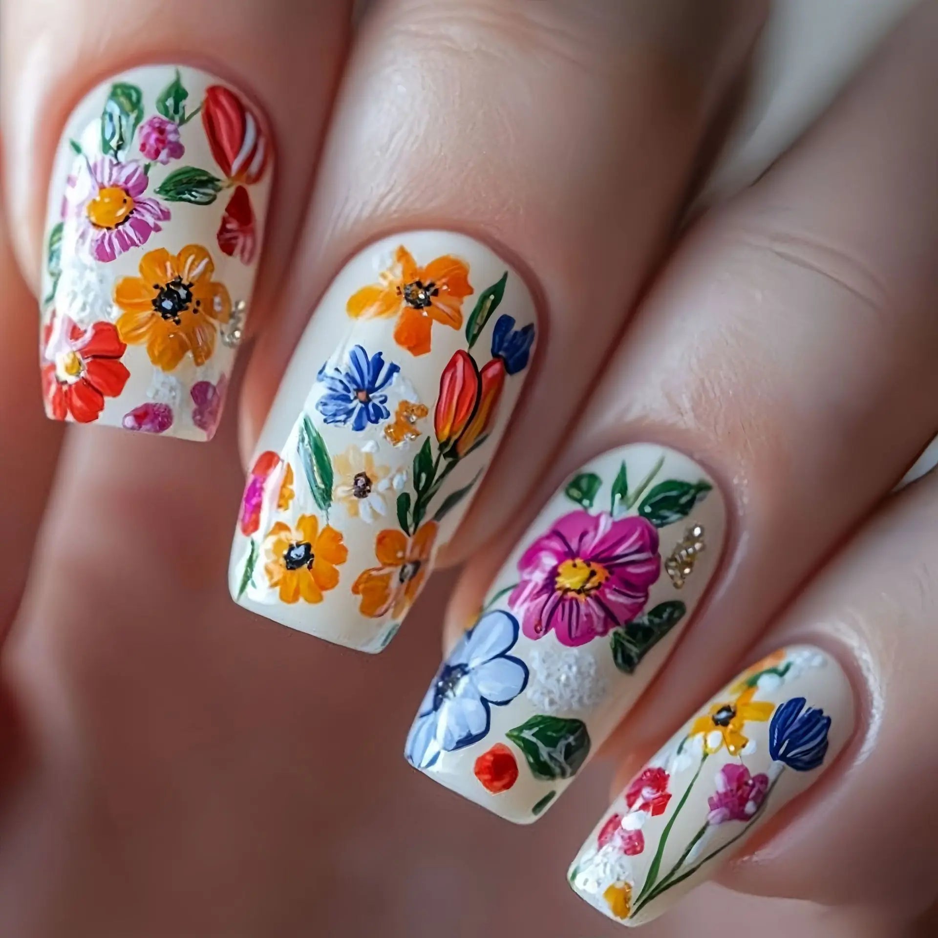 24pcs/set Medium Long fake nails for Spring summer beautiful flowers mushroom bees cute almond square tips press on false nails - Clikcy