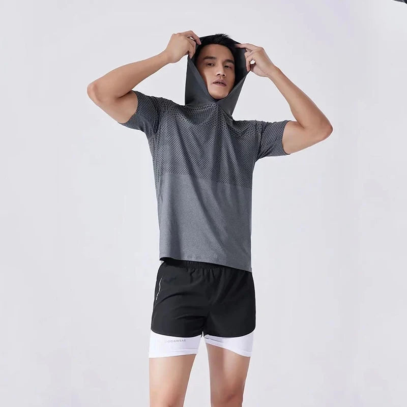 Youthful Vitality Summer Sweatshirts Thin Men's Printing Hooded Quick Drying Breathable Casual Motion Loose Short Sleeve Tops - Clikcy