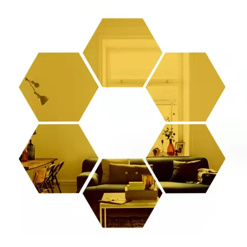 6/12pcs 3D Hexagon Mirror Wall Sticker Rose Gold DIY TV Background Living Room Stickers Wall Decor Bedroom Bathroom Home Decor - Clikcy