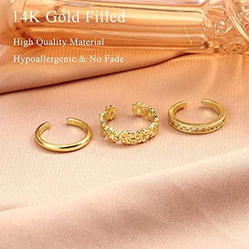 3PCS Filled Toe Rings Set for Women 14K Gold Plating Adjustable Simple CZ Flower Ring Summer Beach Jewelry - Clikcy
