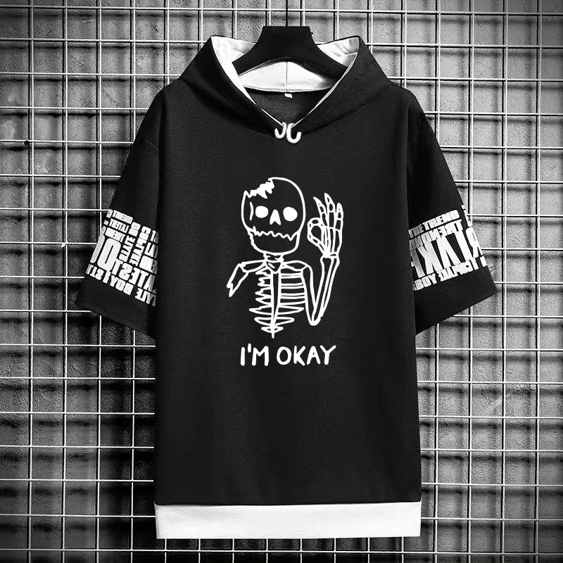 2024 Summer Men Clothing Men's Sweatshirts Korean Fashion Harajuku Short Sleeve Hoodies Men Streetwear Print Skulls Hoodies Men - Clikcy