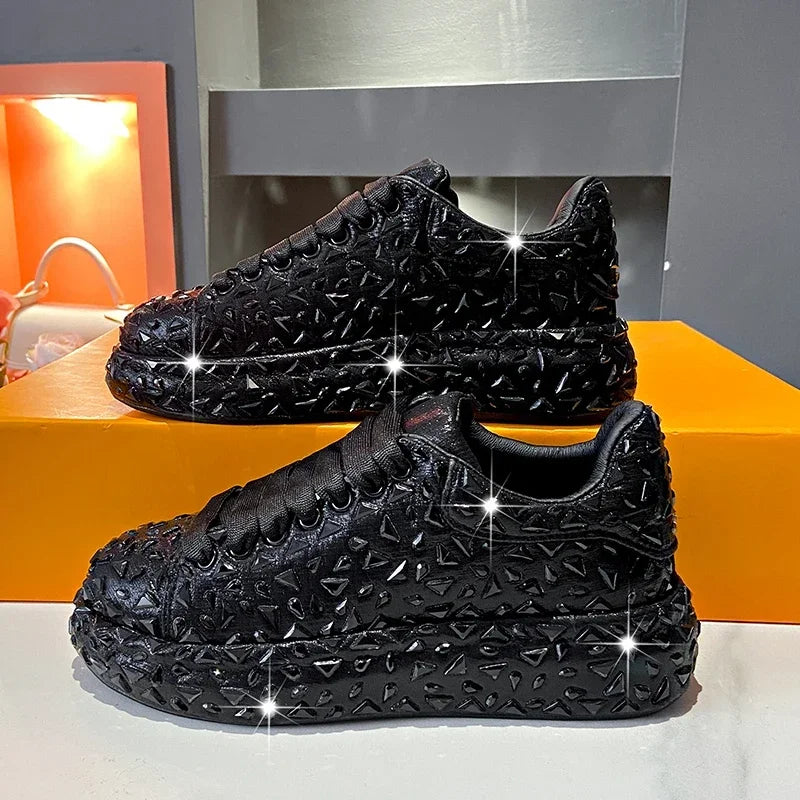 2025 Autumn Leather Women Shoes New Style Fashion Platform Shoes Ins Platforms Sneakers Tide Shine Bling Rhinestone Shoes - Clikcy