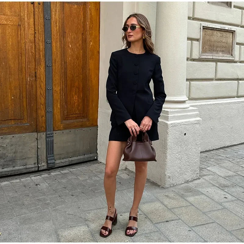 Casual Single Breasted Loose O-neck Blazer Coat Elegant Solid Skirt Set for Women High Waist Skirts Female 2025 Spring Outfit