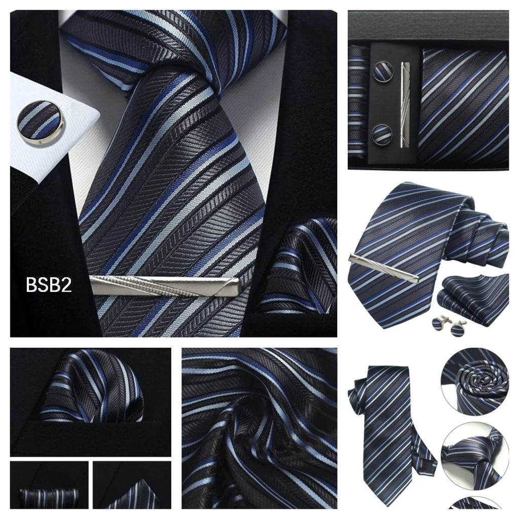 Classic 100% Silk Men's Ties In Gift box 8cm Plaid Dot Striped Business Necktie Handkerchief Cufflinks Wedding Party Tie Set - Clikcy