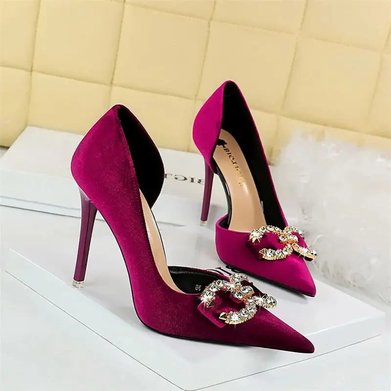 Fashion Women High Heel Rhinestone Buckle Bow Green Pink Pointed Toe Party Pumps Velvet Luxury Elegant Wedding Evening Shoes - Clikcy