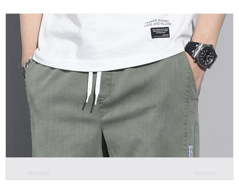 New Spring Summer Cotton Men's Casual Pants Classic Drawstring Elastic Waist Thin Stretch Blue Jogging Work Cargo Trousers Male - Clikcy