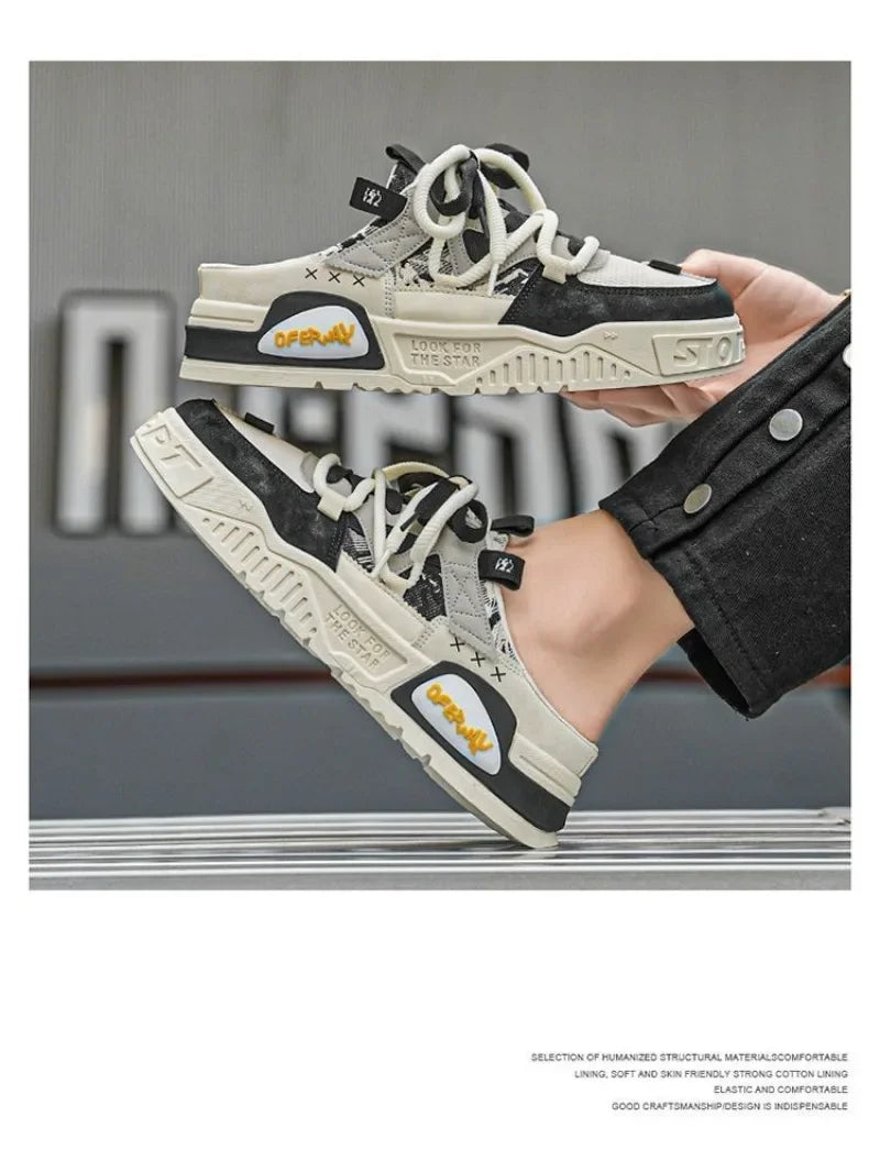 2025Summer Fashion Designer Men Half Slipper Breathable Casual Platform Shoes Lightweight Sneakers Outdoor Walking Flats Loafers