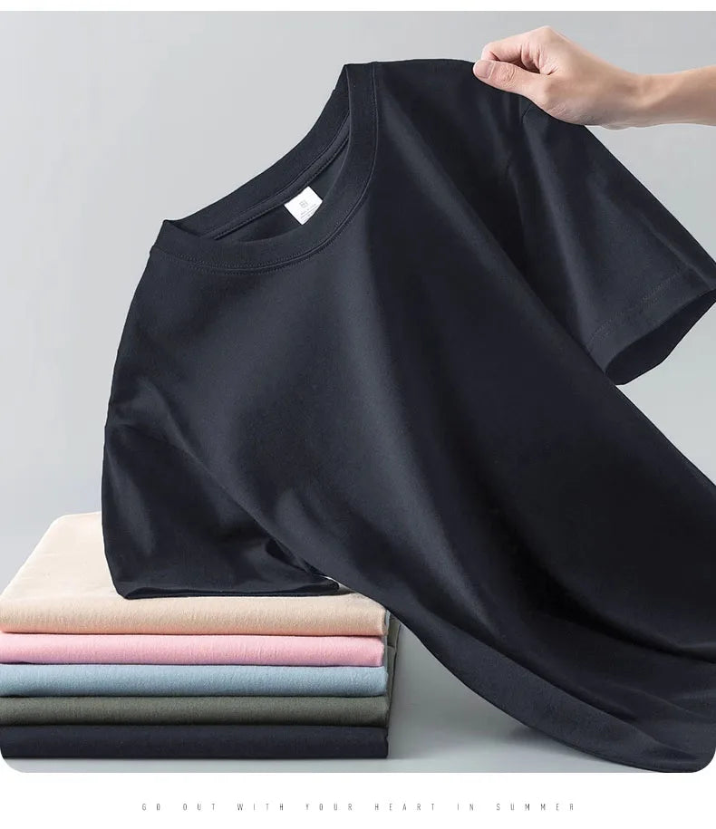 Heavyweight round neck pure cotton short sleeved t-shirt loose solid color white t men's and women's bottom shirt solid color - Clikcy