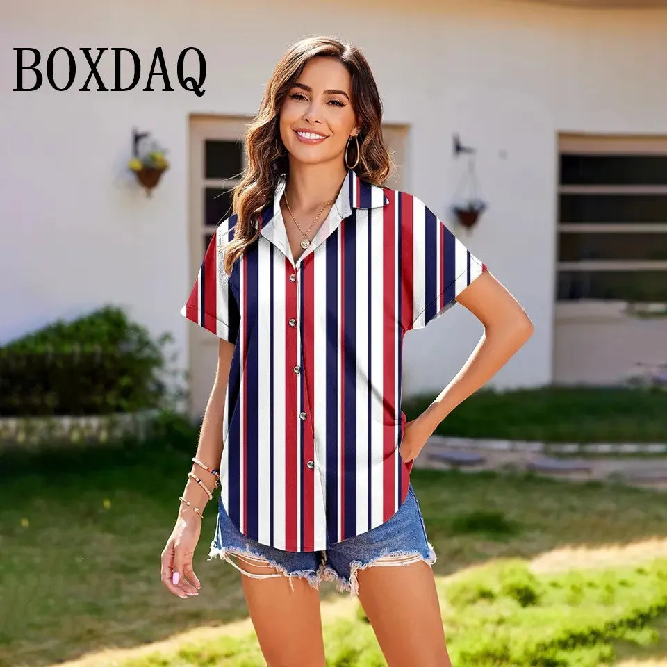 Summer Women'S Shirt Vintage Striped Lapel Blouses Women'S Plus-Size Loose Short Sleeve Tops Fashion Button Casual Blouse Shirt - Clikcy