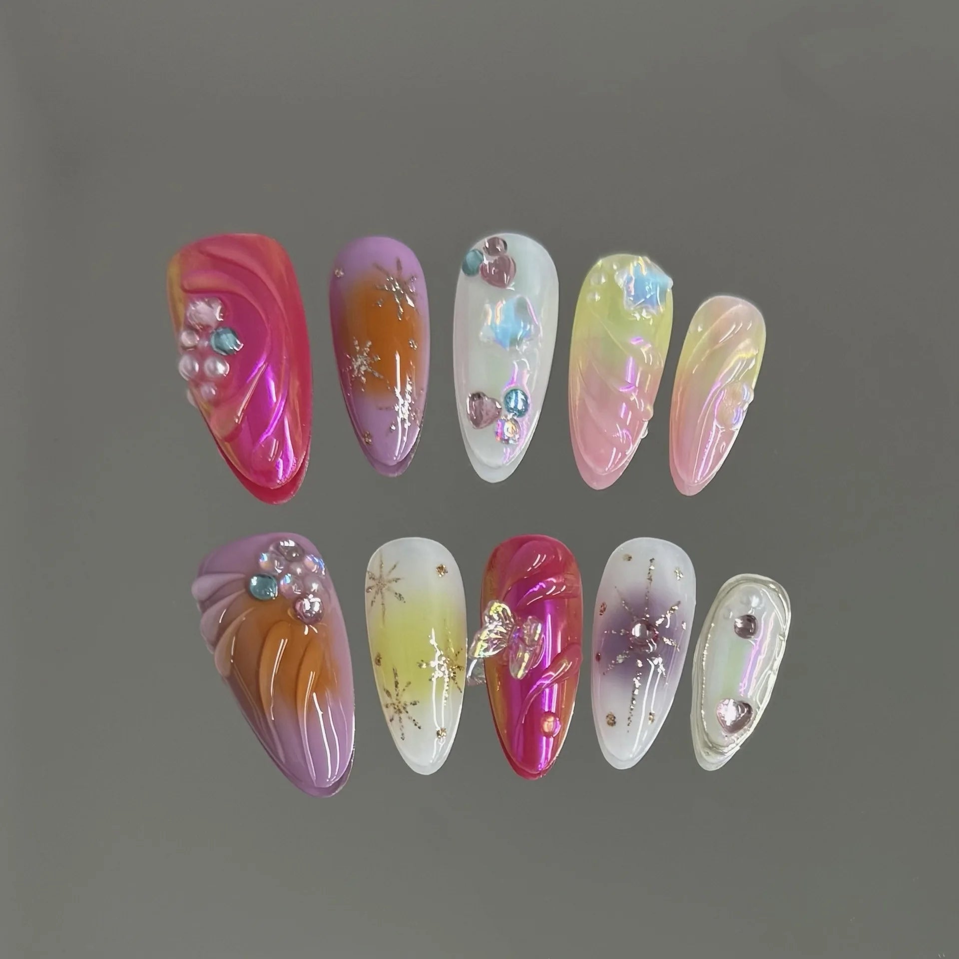 10pcs Handmade Press on Nails Sweet Cool Aurora Butterfly Star Fake Nail Tips Wearable Summer Spice Girls Almond False Nails - Clikcy