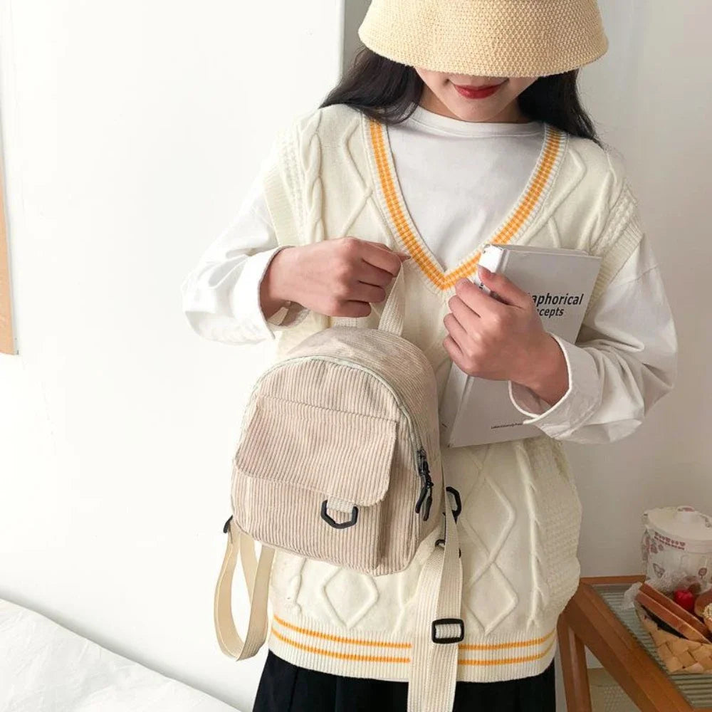 Women's Mini Backpack Fashion Solid Color Corduroy Small Simple Casual Traveling Large Capacity Durable Female's Schoolbag - Clikcy