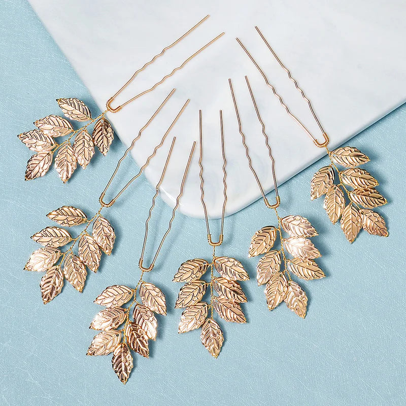 6PCS Gold Leaf Metal Hairpin Fashion Bridal Headdress Hair Accessories Rhinestone Crystal Hair Clips For Women Holiday Gift - Clikcy