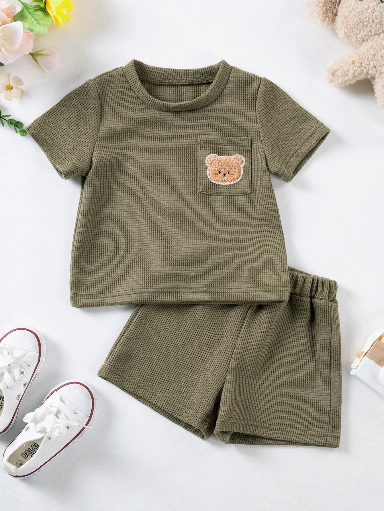 Kids Suit Summer Boys Girls Solid Colour Suit 0-6Y Cute Bear Short Sleeve + Breathable Shorts 2pcs Comfortable and Skin-friendly - Clikcy