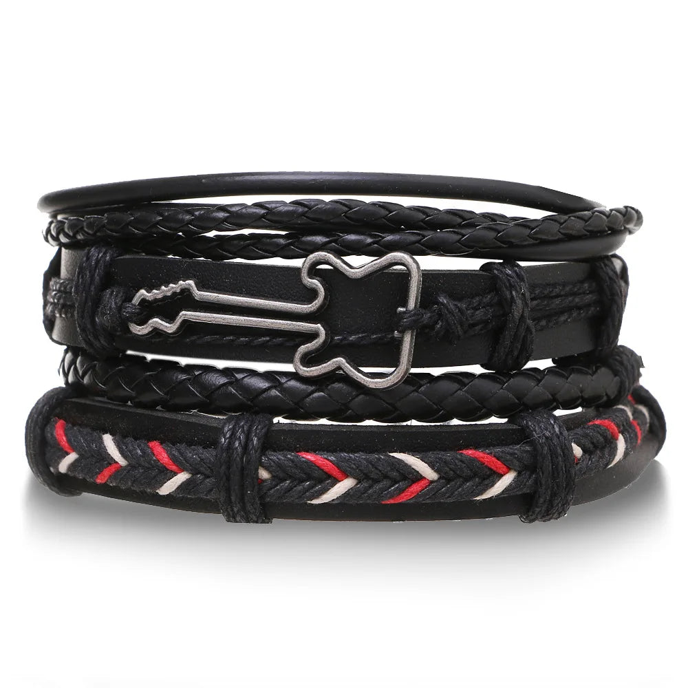 4Pcs/ Set Braided Wrap Leather Bracelets for Men Vintage Life Tree Rudder Charm Wood Beads Ethnic Tribal Wristband Rope Bracelet - Clikcy