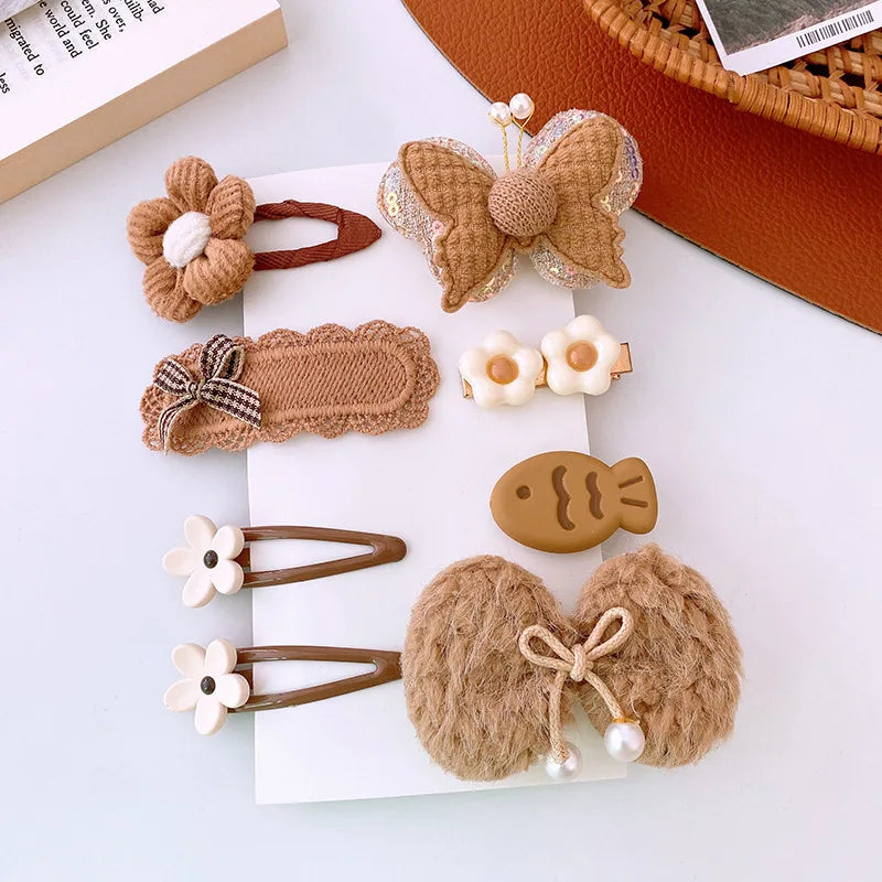 8pcs/set Sweet Girl Hair Clip Cartoon Bear Floral Bowknot Hair Pin for Toddler Girls Lovely Beige Coffee Color Kid baby Headwear - Clikcy