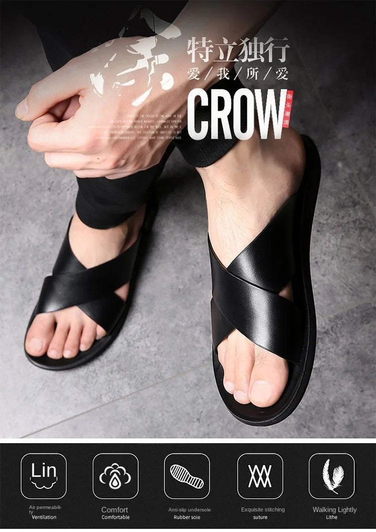 Slippers Men's Cross-Strap Slippers Flat Home Men Slippers Comfortable Soft Sole Leather Casual Shoes Bathroom Slipper Pantuflas - Clikcy