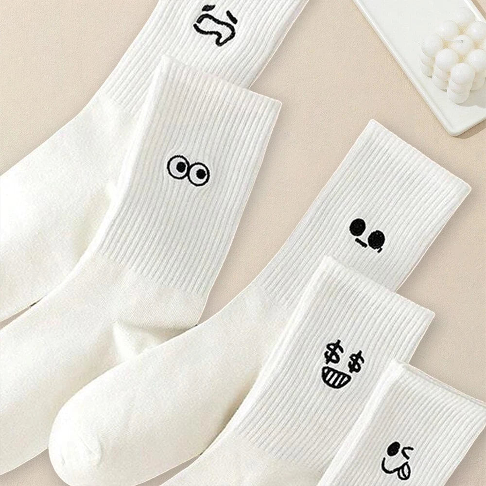 5/10/20 Pairs Men White Cartoon Socks Trendy Versatile Expression Socks With Simple Soft Breathable Comfortable Casual Socks - Clikcy